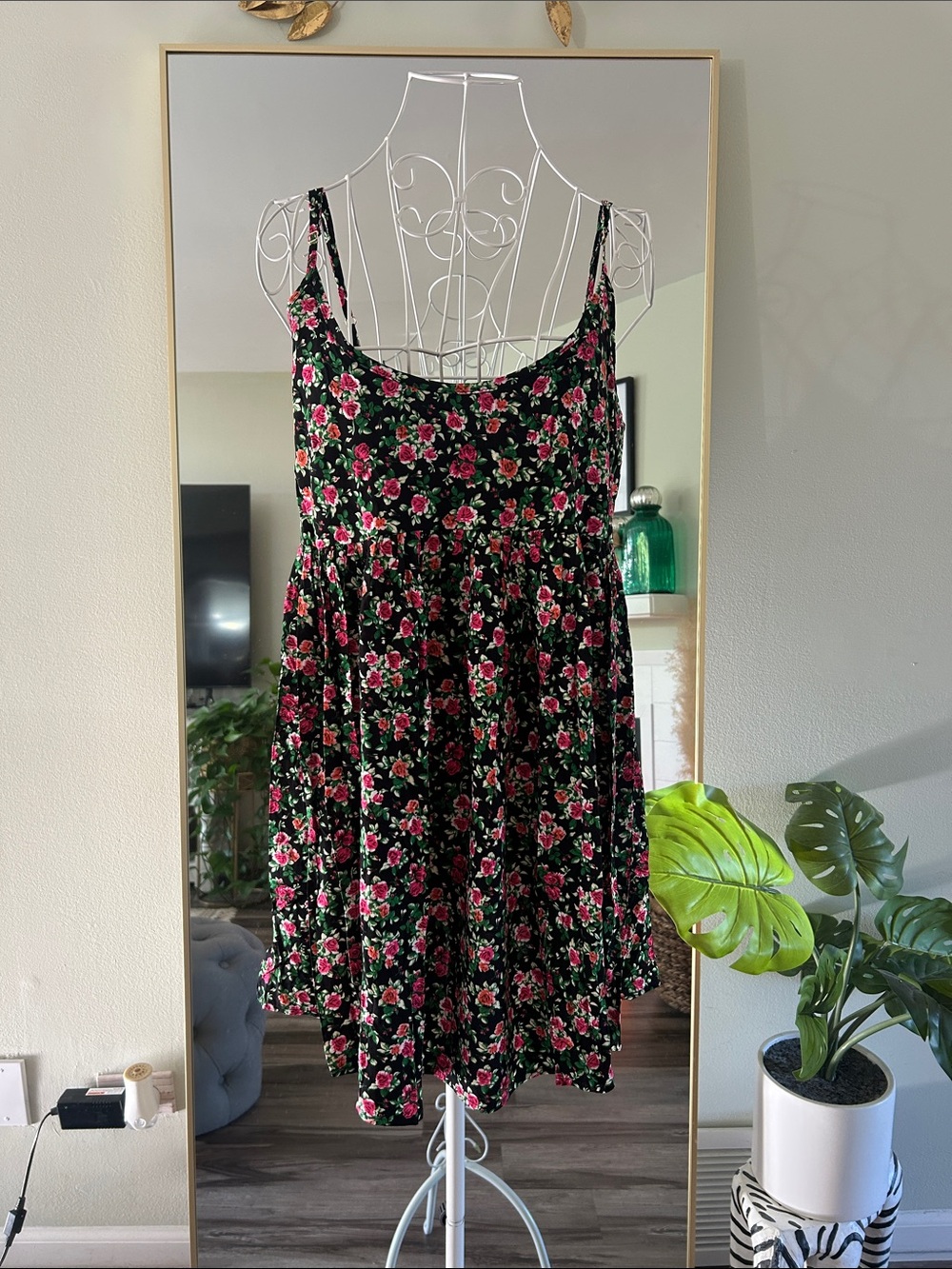 NATURAL LIFE Black Sundress with Pink & Green Floral Print